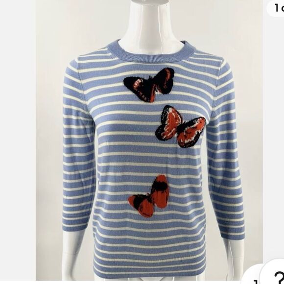 J. Crew Blue/White Striped Merino Wool Butterfly Sweater - Picture 1 of 5